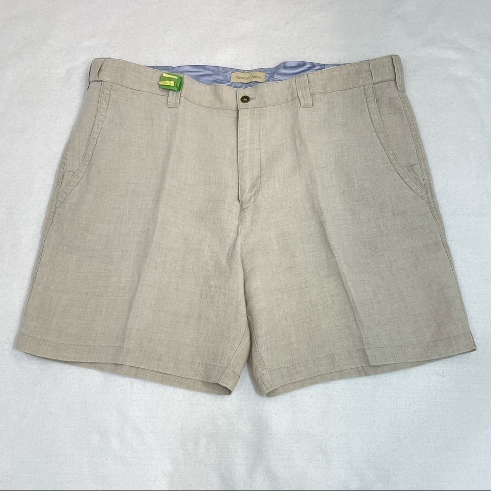 Territory Ahead 100% Linen flat front stretch waist men’s beige shorts, Sz 42‍‍‍